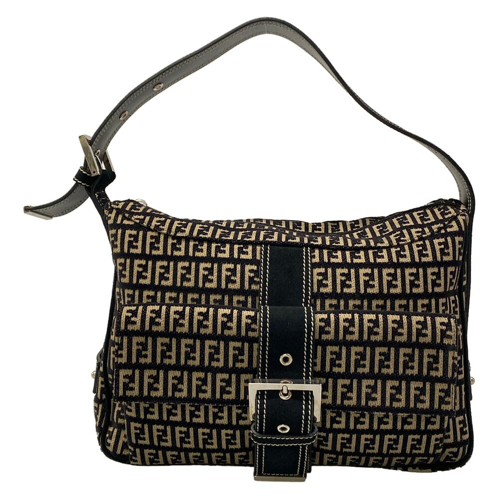 Fendi Zucchino Shoulder Bag 8BR098 Black Beige Cotton Suede